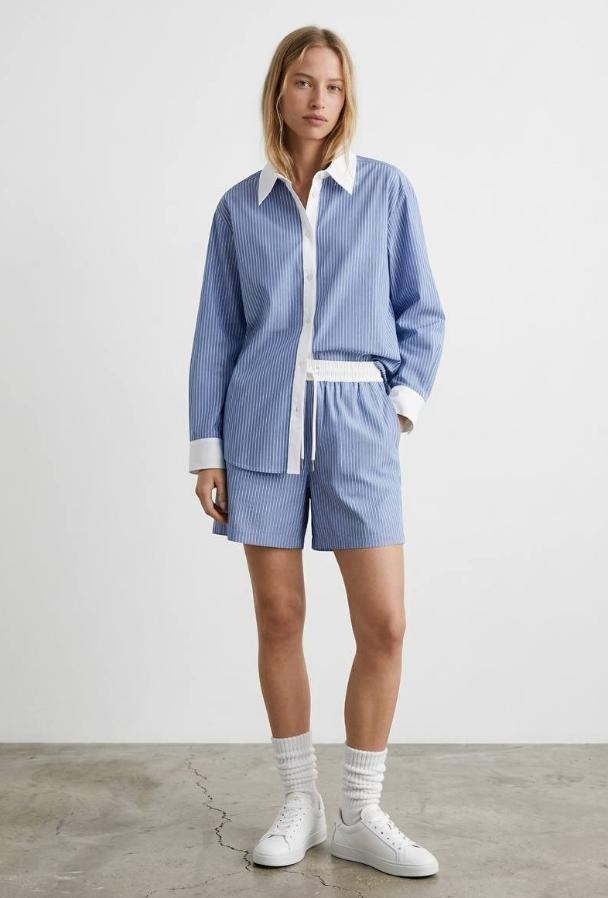 Model in blue striped coordinated set